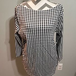 Lands End Sz-M Gingham Long Sleeve Boat Neck Top Black and White Checkered Shirt